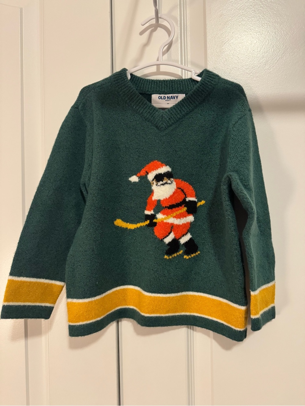 Old Navy Green V-Neck Sweater with Santa Hockey Motif and Yellow Trim